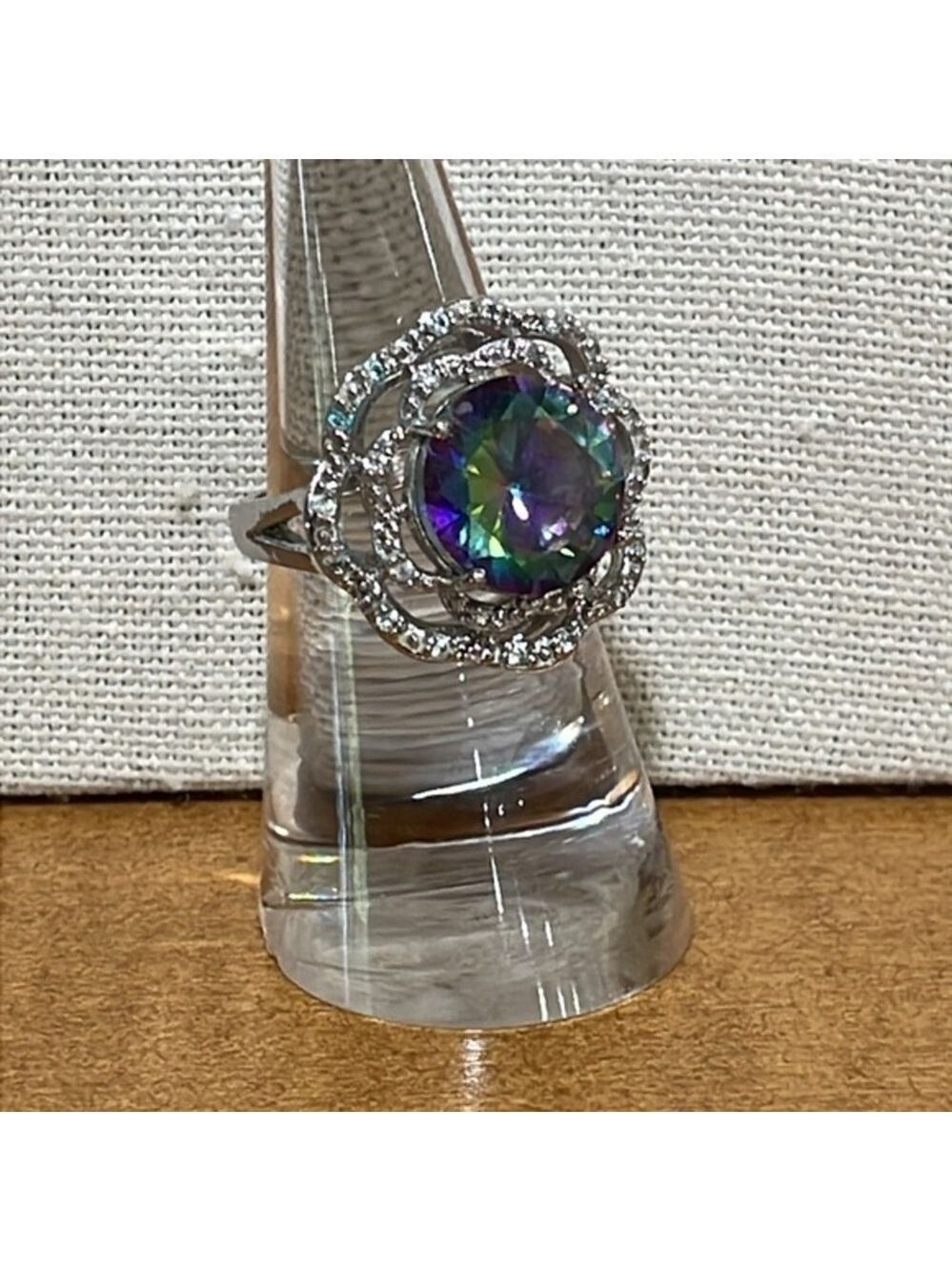 Mystic Topaz and rhinestone flower Sterling Silver Ring size 6